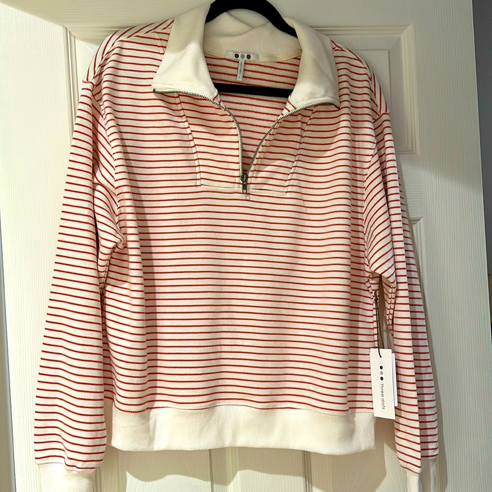 NWT three dots red and white striped 3/4 zip size L